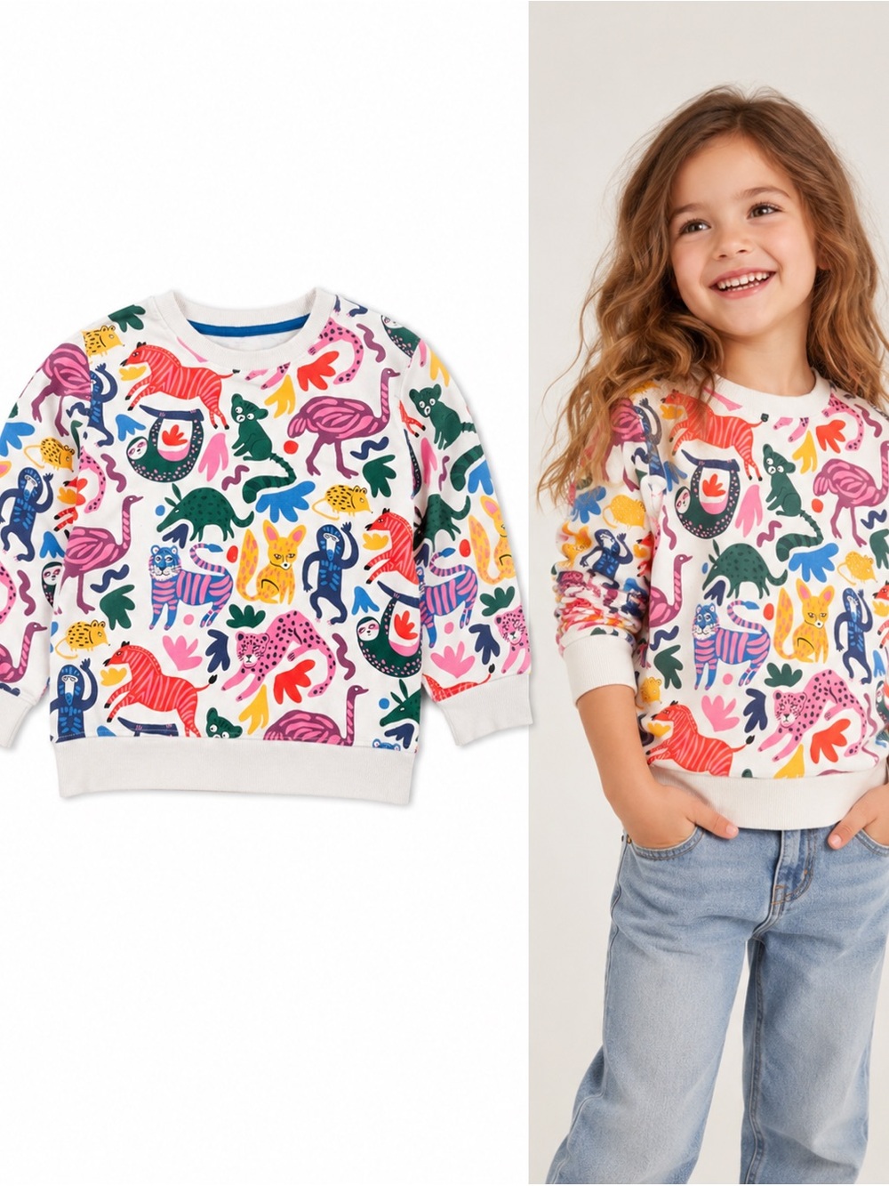 Kids' Multicolor Animal Print Sweatshirt - White